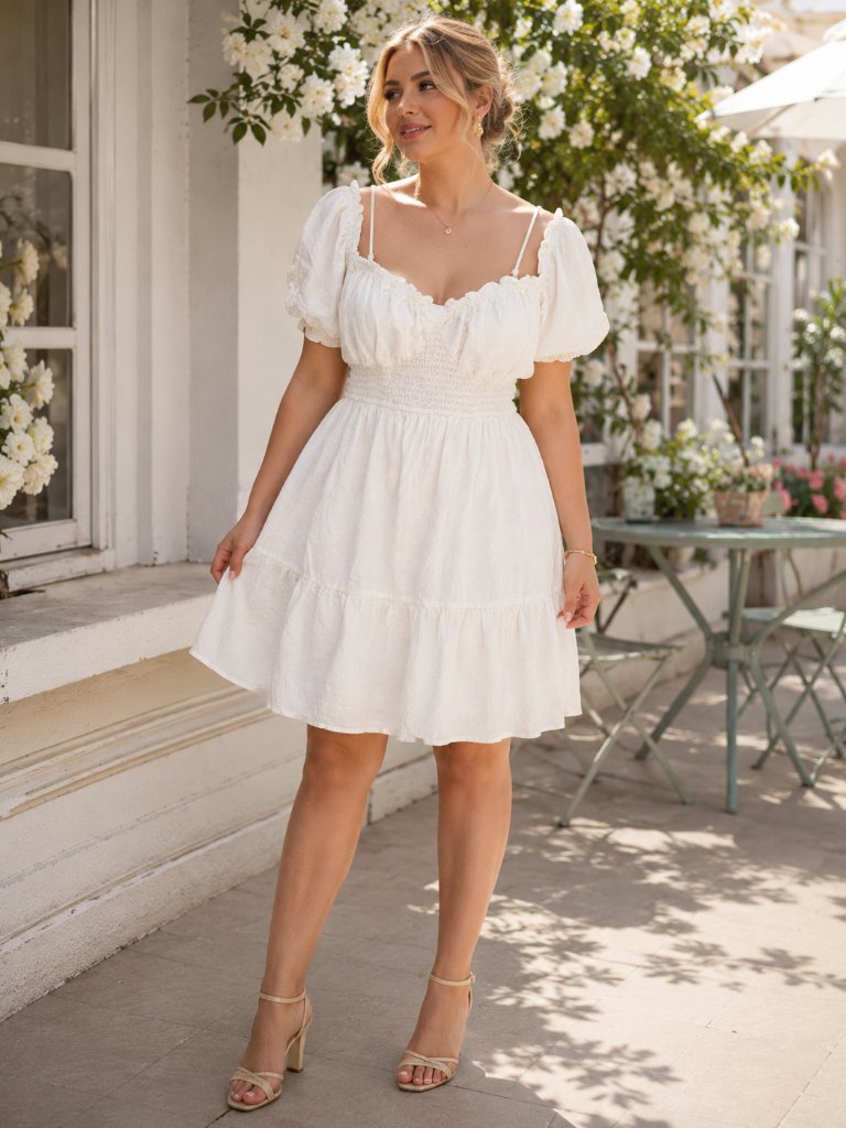 White Cotton Linen Puff Sleeve Smocked Dress Size L
